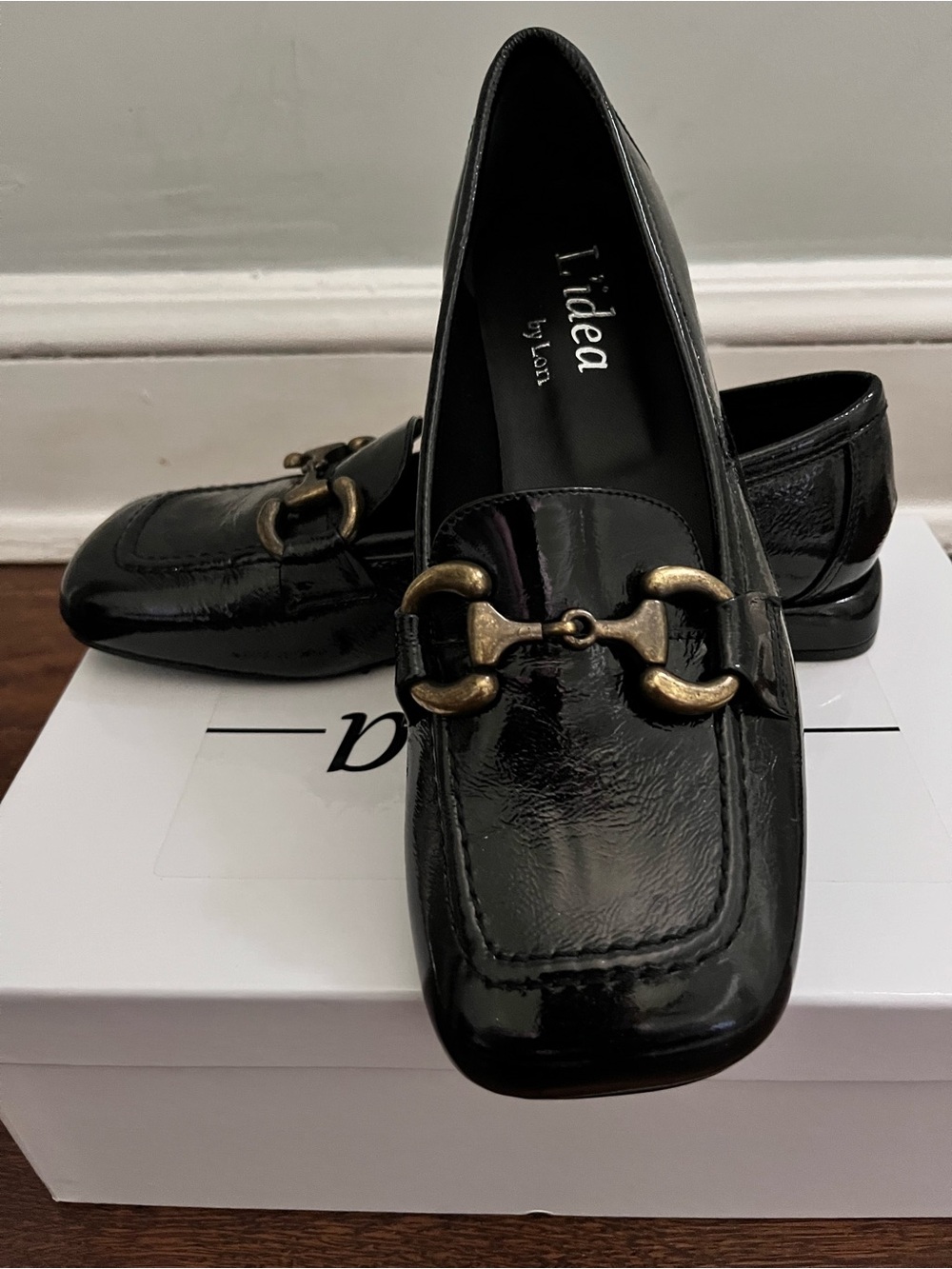 Black Patent Leather Loafers with Gold Horsebit